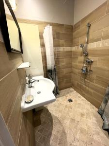 a bathroom with a sink and a shower at Studio cocon centre historique in Dinan