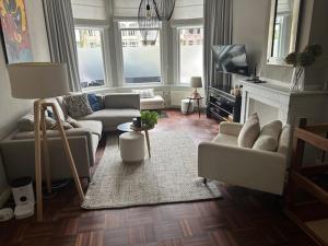 a living room with two couches and a fireplace at De Boetz in The Hague