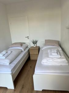 two beds in a white room with a mirror at Q Apartment No 3 in BS - stadtnah im Grünen wohnen in Braunschweig
