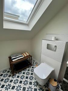 a bathroom with a white toilet and a skylight at Charming Studio In Le Mans Chasse Royale in Le Mans