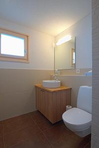 bagno con servizi igienici, lavandino e specchio di B&B Panorama a Gstaad