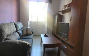 a living room with a couch and a tv at Casa da Miniña in Quilmas