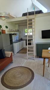ein Wohnzimmer mit Hochbett und eine Küche in der Unterkunft Tiny Villa in Fehmarn