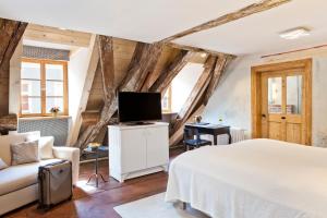 a bedroom with a bed and a couch and a tv at Hotel David an der Donau in Regensburg