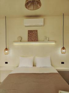 a bedroom with a bed with two pillows and two lights at Macarena Paredon in El Paredón Buena Vista +13 photos