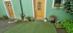 een voordeur van een huis met planten en bloemen bij Arzberger Monteurhaus in Arzberg