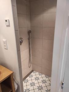 a bathroom with a shower with a tiled floor at Gîte du Rucher in Vimory