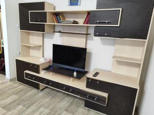a living room with a tv in a book shelf at Квартира в центре Балки, город Тирасполь in Tiraspol