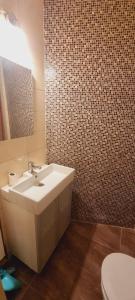 een badkamer met een wastafel, een toilet en een spiegel bij Arzberger Monteurhaus in Arzberg +10 foto's