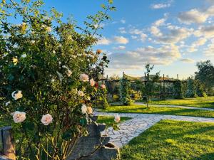 a garden with roses and a stone pathway at Agriturismo La Terrazza su Farfa in Castelnuovo di Farfa