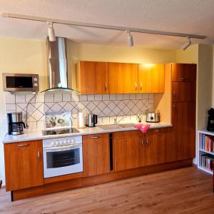 a kitchen with wooden cabinets and a stove at Ferienhaus Rumpelt in Kurort Gohrisch