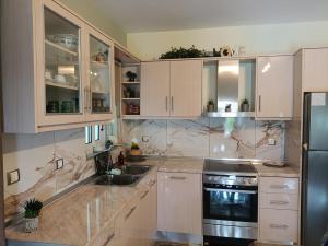 a kitchen with white cabinets and stainless steel appliances at Marathi Apartment in Marathias +34 photos