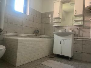 a bathroom with a tub and a sink and a toilet at Apartmanii Gajić in Kuršumlija