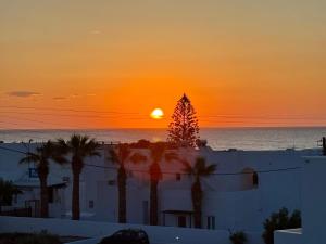 a sunset over the ocean with palm trees and a building at La Bellezza Eco Boutique Hotel in Kamari