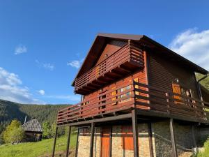 a wooden house is on display in a field at Brvnara Jevtic, Tara in Mokra Gora