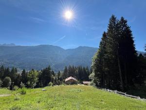a view of a field with the sun in the sky at Mountain Chalet Splazoi in Strembo