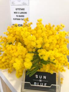 a bouquet of yellow flowers on a table with a sign at Sun N Blue Hotel in Sarandë