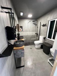 Un baño con lavabo, inodoro y ducha. en Great Stay T3 Funchal Central Duplex Retreat, en Funchal