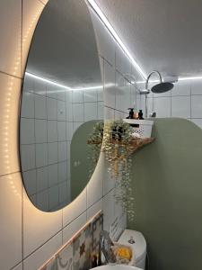 a bathroom with a mirror and a toilet at Levanda Home in Taktikoúpolis +42 photos