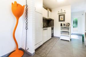 a kitchen with a orange cat statue in a room at Dream Relax House in Monteggio
