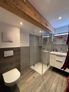 un bagno con doccia, WC e lavandino di Apartements Birkenhof a Maria Alm am Steinernen Meer Altre 32 foto