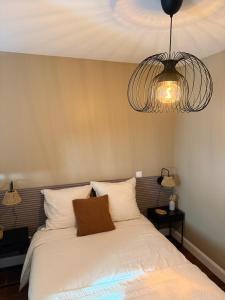 a bedroom with a bed and a chandelier at La maison de villenouvelle in Toulouse