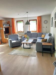ein Wohnzimmer mit einer Couch und einem Tisch in der Unterkunft Ferienhäuser am Vogelpark - Boddenhaus 60 in Marlow