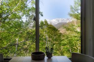 a window with two plants on a table looking out at a mountain at Cortina Apartment in Otari