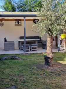 a picnic table and a tree in a yard at Charmante maison de vacances 45 minutes des plages in Bains-sur-Oust