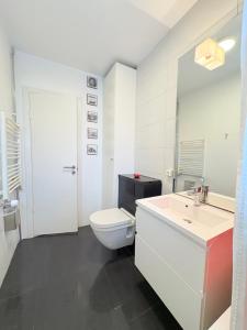 un bagno bianco con un water e un lavandino di Midnight Sun Apartment a Reykjavik Altre 30 foto