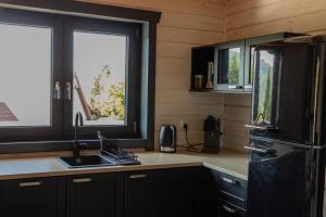 a kitchen with a black refrigerator and two windows at Jutrzenka in Międzybrodzie Kobiernickie