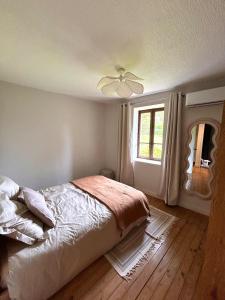 a bedroom with a bed with a ceiling fan and a window at Maison Auros in Ambérieu-en-Bugey