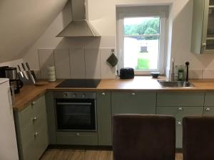 a kitchen with green cabinets and a sink and a window at Naturblick in Hennstedt