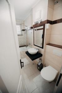 a bathroom with a toilet and a sink and a mirror at Platz Apartman in Văleni