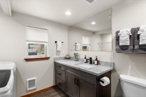 a bathroom with a sink and a mirror at Rainier XL Chalet EV-Hot Tub-Game Room-Guest Suite in Ashford +48 photos