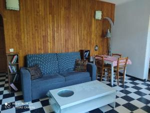 a living room with a blue couch and a table at Apartment Albert parking privé gratuit in Limoux +37 photos