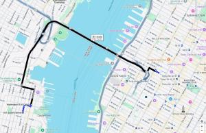 a map of a city with a highlighted route at 15 Minutes to NYC - Garden Street Retreat in Hoboken