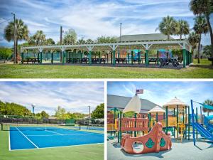 a collage of three pictures of a playground at Castaway Cottage in Tybee Island