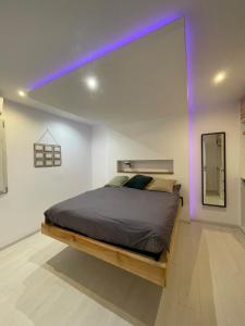 a bedroom with a large bed with purple lights at Bel appartement lumineux au cœur de Bayonne in Bayonne