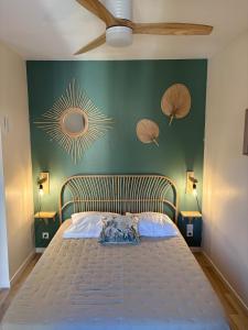 a bed in a bedroom with a green wall at Coeur de Moustiers pour 2 personnes in Moustiers-Sainte-Marie +7 photos