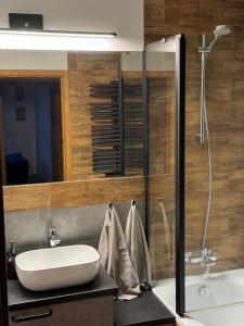 a bathroom with a sink and a toilet and a shower at Navy Blue Apartment in Gdynia