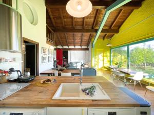 a kitchen with a sink in the middle of a room at La Casa Amarilla de Cercedilla in Cercedilla +31 photos