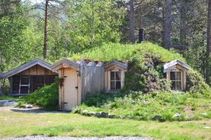 een huis met een grasheuvel met een schuur bij Unique Hobbit Cabin By Hallingskarvet in Hovet