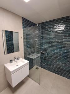 a bathroom with a sink and a shower with a shower at Water's Edge Apartment Ohrid in Ohrid