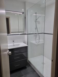 une salle de bain avec une douche en verre et un lavabo dans l'établissement Bel appartement T2, 50 m de la plage des Minimes, La Rochelle,, à La Rochelle
