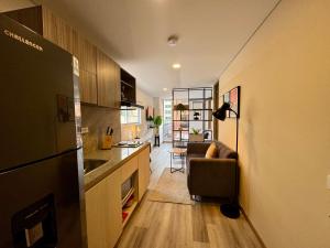 a kitchen and a living room with a couch at Cozy Loft in 93 park in Bogotá +13 photos