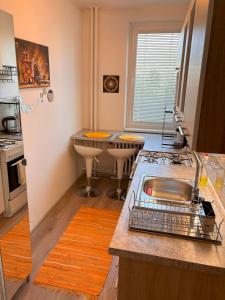 a kitchen with a sink and a counter top at Cozy apartment - Excellent location in Piešťany
