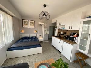 a large bedroom with a bed and a kitchen at Студио Larimar in Lozenets