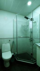 Un baño con inodoro y ducha de cristal. en App, en Itʼkhvisi
