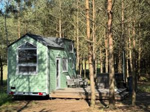 SzlachtaTiny house in the forest的树林中间的绿色小房子
